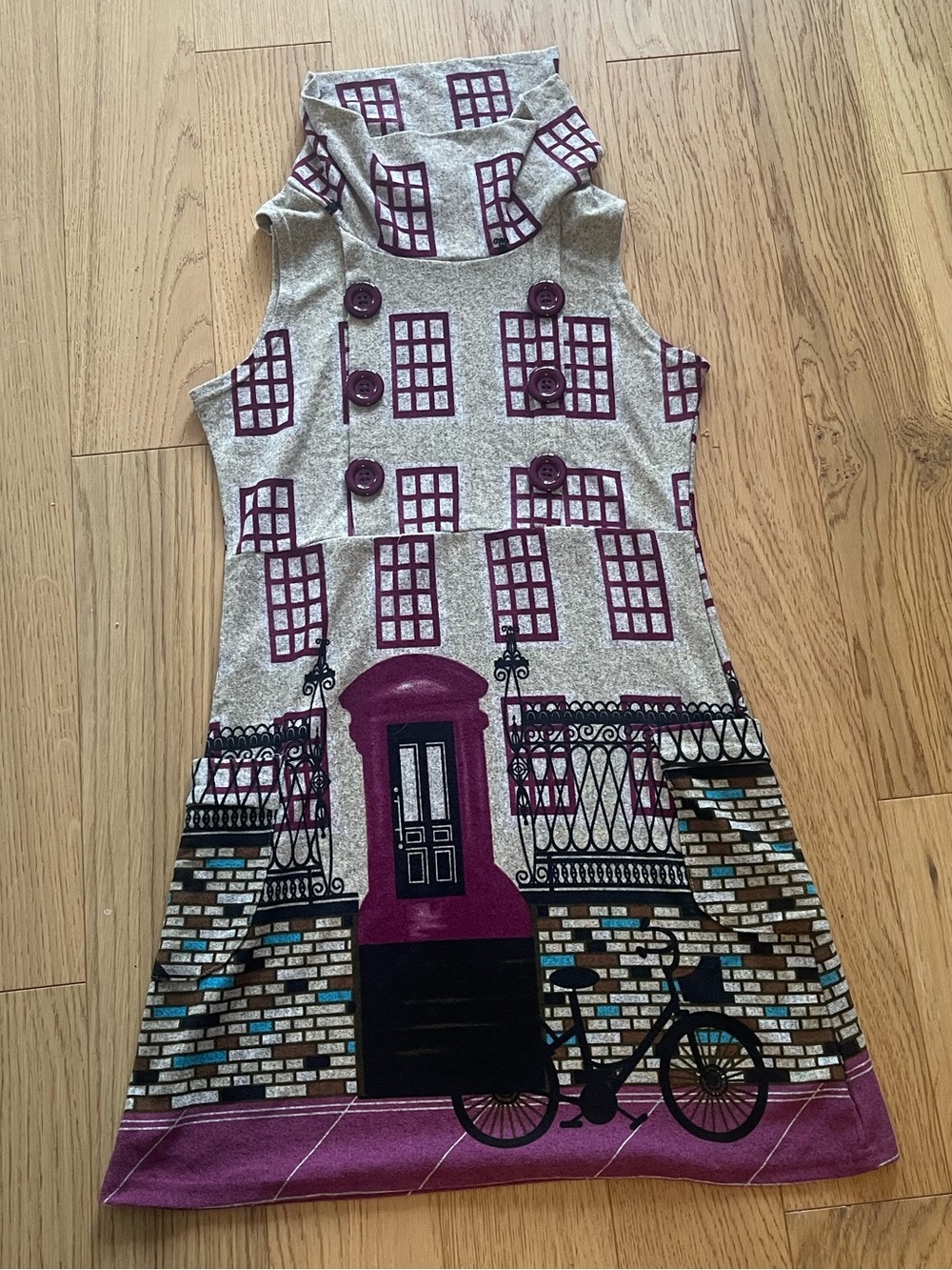 Wool Purplish London Graphic Sleeveless Cowl Neck Tunic Dress Berry Purple Gray